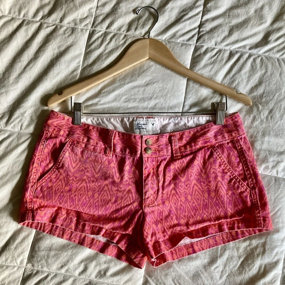 American Eagle Super Low Shortie Shorts Women's 8 Aztec Pink Orange Flap Pocket
